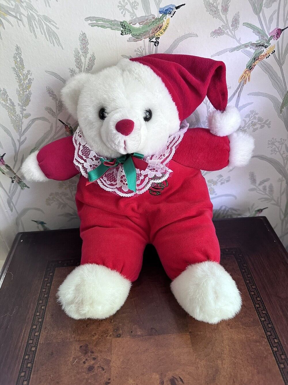 Vintage Christmas White Teddy Bear Plush Red Pajamas Santa Hat Toy House Bow